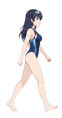Annetta walking across the pool tiles